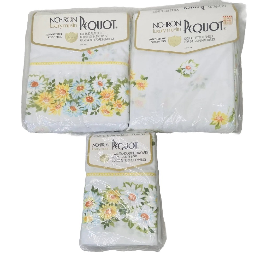 Vintage Pequot Maytime Yellow Daisy Floral Full Fitted Flat Sheet Pillowcase Set